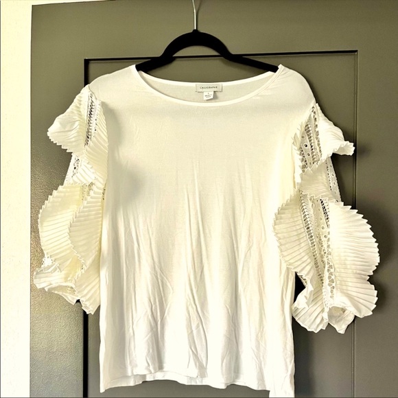 White top, flutter sleeves, lace, blouse, t shirt material - Picture 1 of 4
